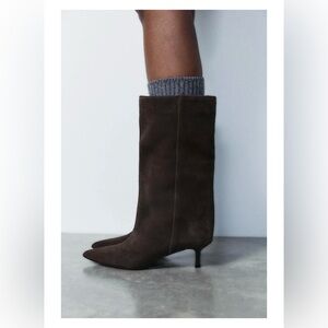 Zara Brown Suede Kitten Heel Boots